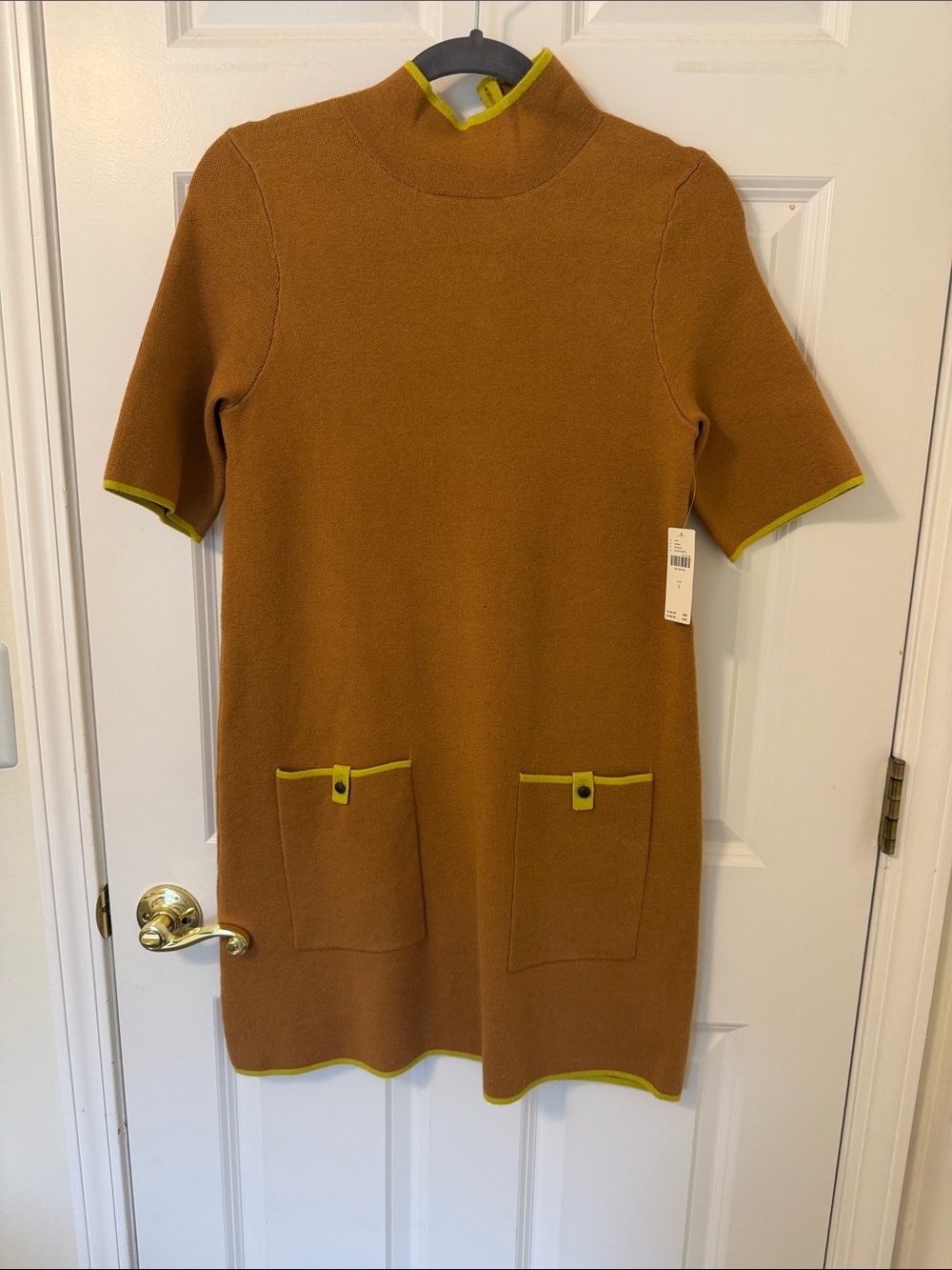 Anthropologie Maeve Brown Knit Short Sleeve Sweater Dress with Yellow Small NWT